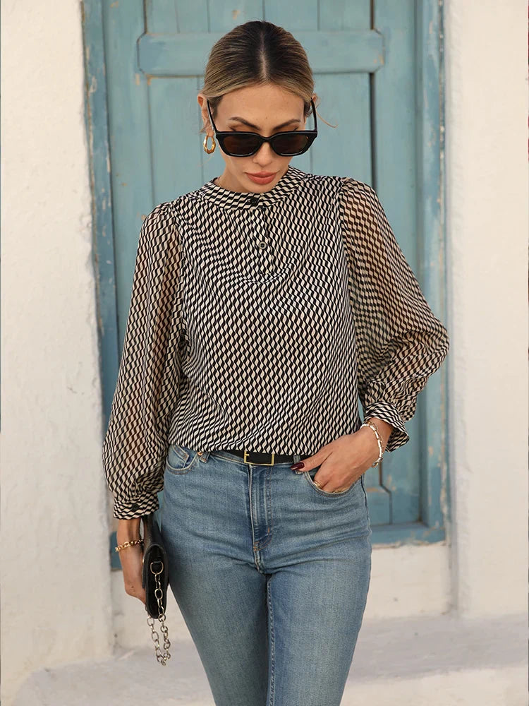 Women's Striped Chiffon Long-Sleeve Blouse
