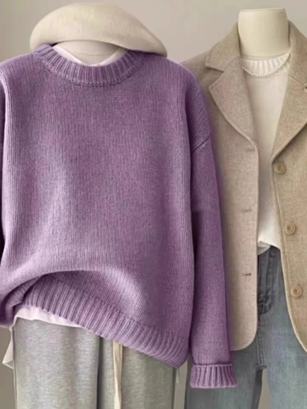 Round Neck Cashmere Sweater Long Sleeve Loose Fit Pullover