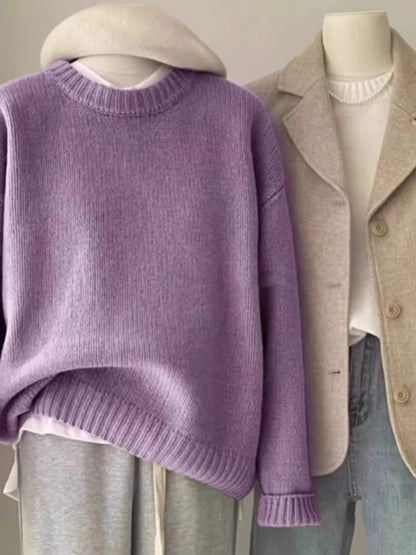 Round Neck Cashmere Sweater Long Sleeve Loose Fit Pullover