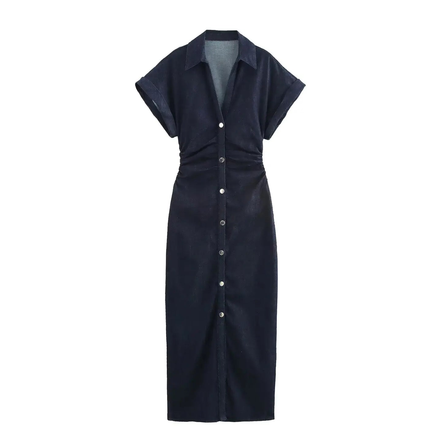 Denim Midi Dress V-Neck Side Zipper Short Sleeve Slim Elegant