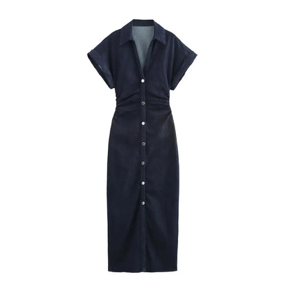Denim Midi Dress V-Neck Side Zipper Short Sleeve Slim Elegant