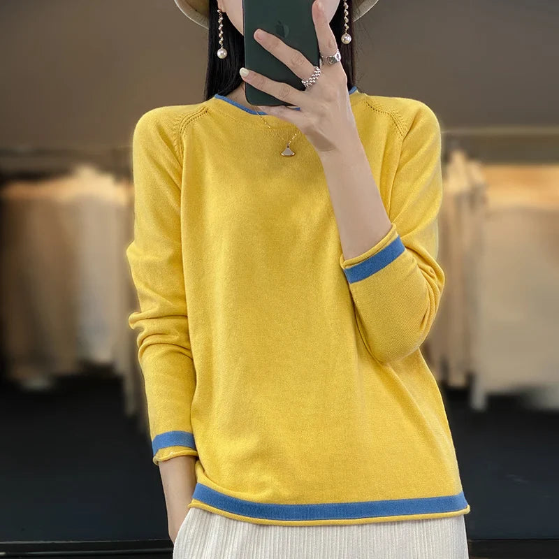 Round Neck Cotton Knit Sweater Long Sleeve Regular Fit