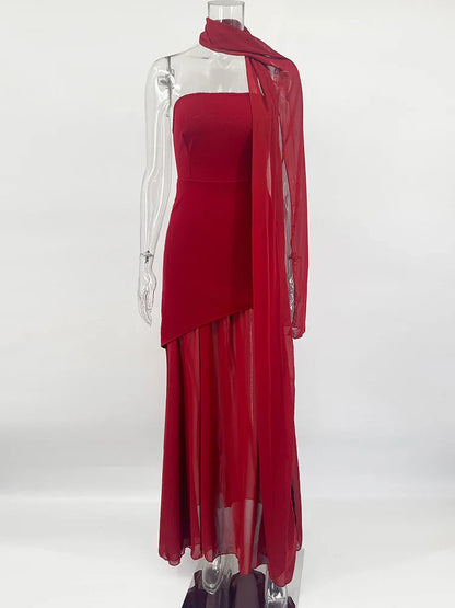 Strapless Mesh Maxi Dress Sleeveless Ribbon Patchwork Beach Vacation