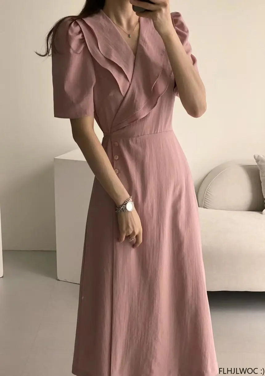 Women Retro Vintage Ruffles Midi Dress Japan Style Lace-Up V-Neck Short Sleeve Dress