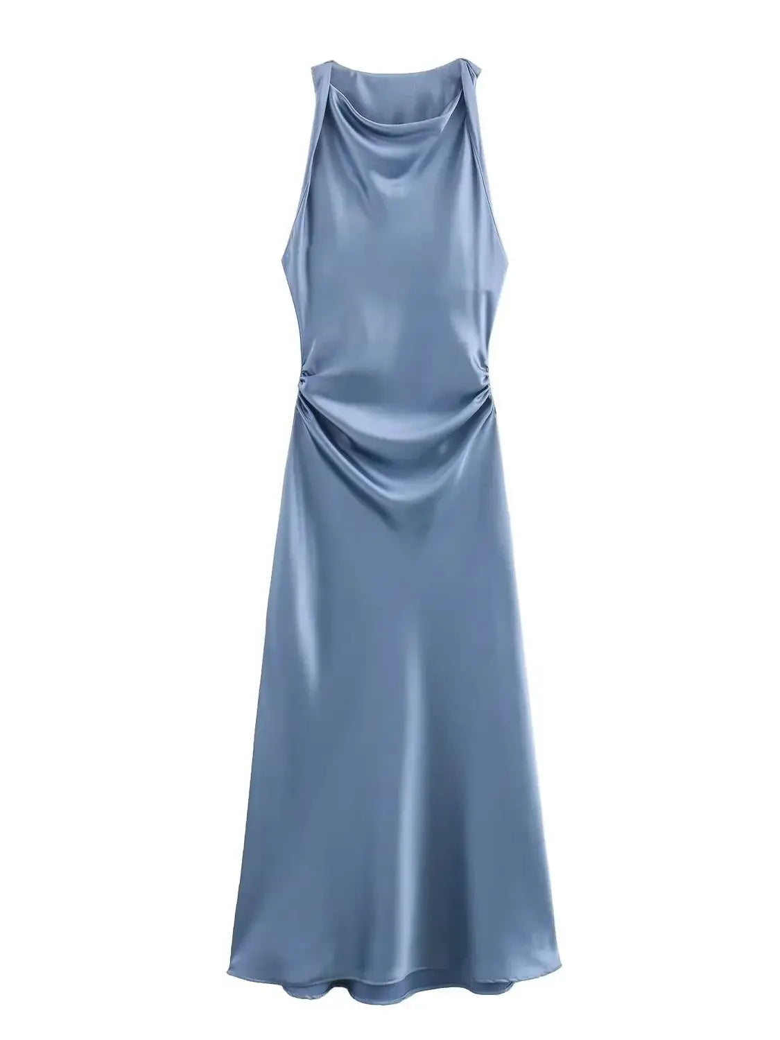 Satin Twisted Armhole Waist Gathered Midi Dress