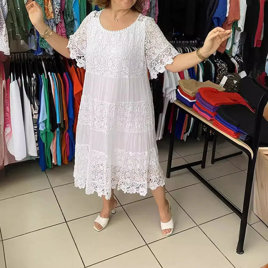 Women Midi Dress Lace Patchwork Round Neck Short Sleeves Hollow Out Flower Embroidery Pleated Party Dress