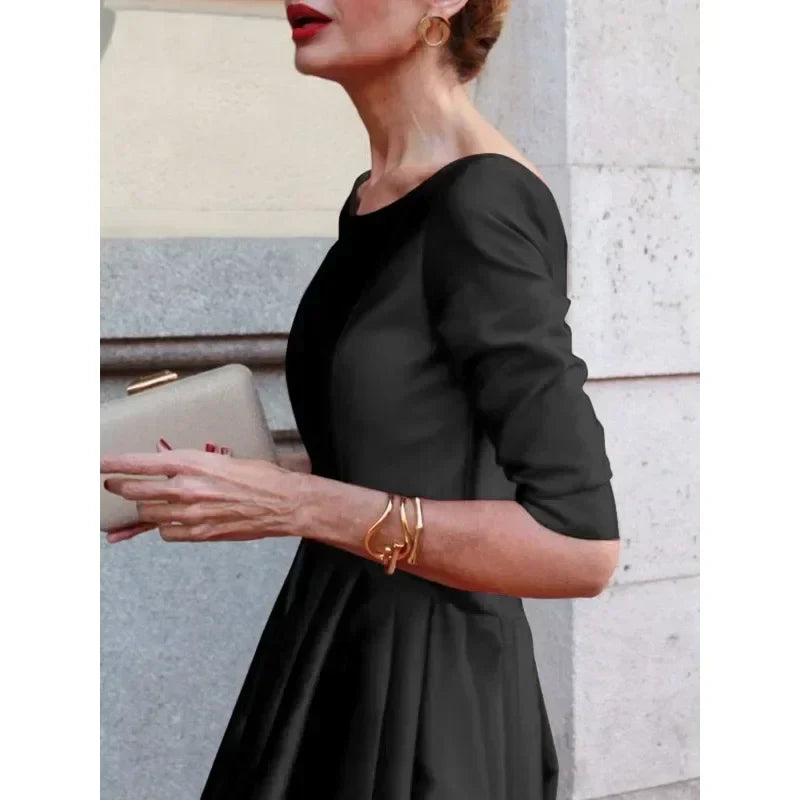 Women's A-Line Midi Dress Half Sleeves O-Neck Pleated Elegant Evening Dress