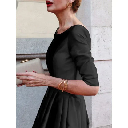 Women's A-Line Midi Dress Half Sleeves O-Neck Pleated Elegant Evening Dress