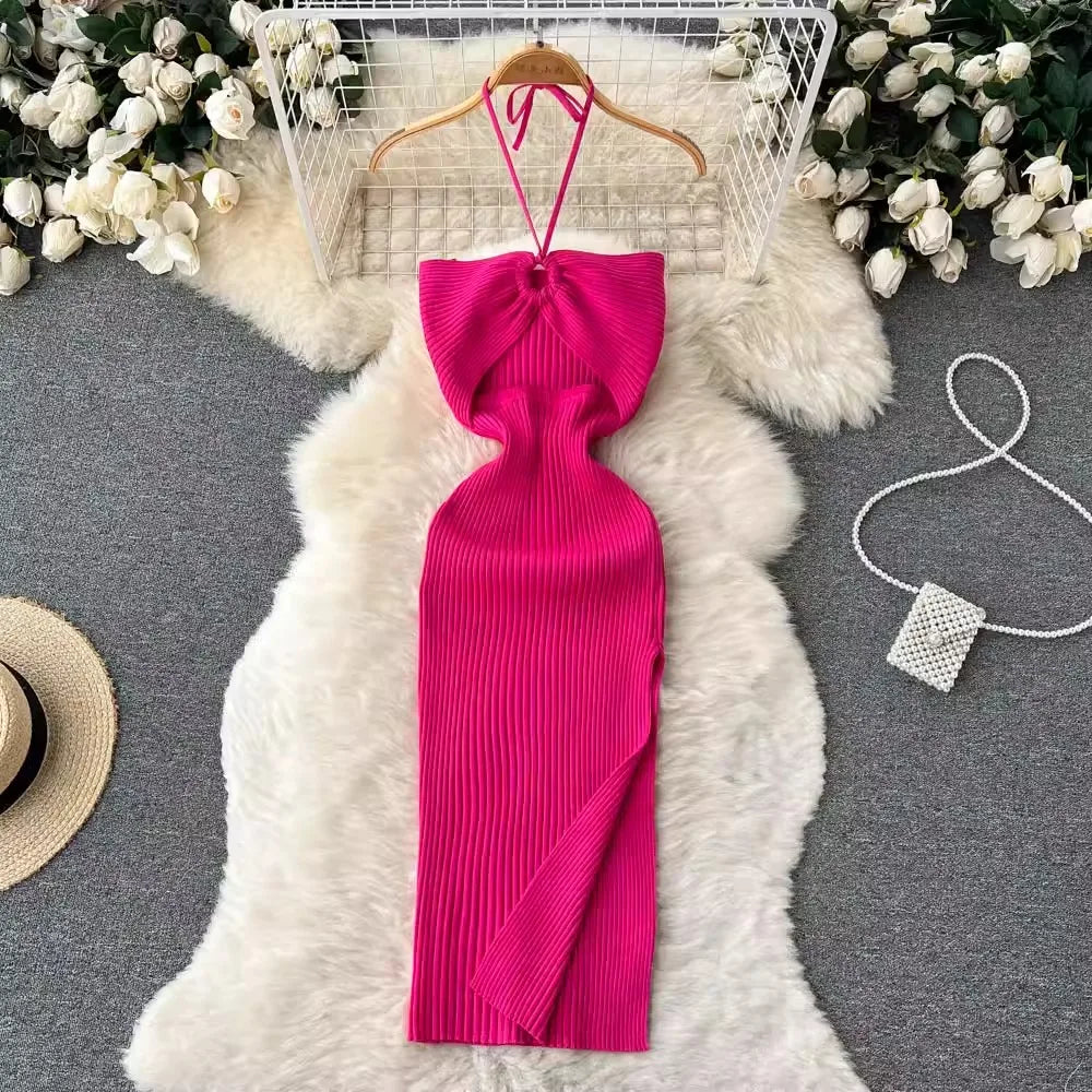 YuooMuoo Chic Fashion Sexy Package Hips Split Knitted Dress Women Slim Elastic Bodycon Party Dress Streetwear Outfit