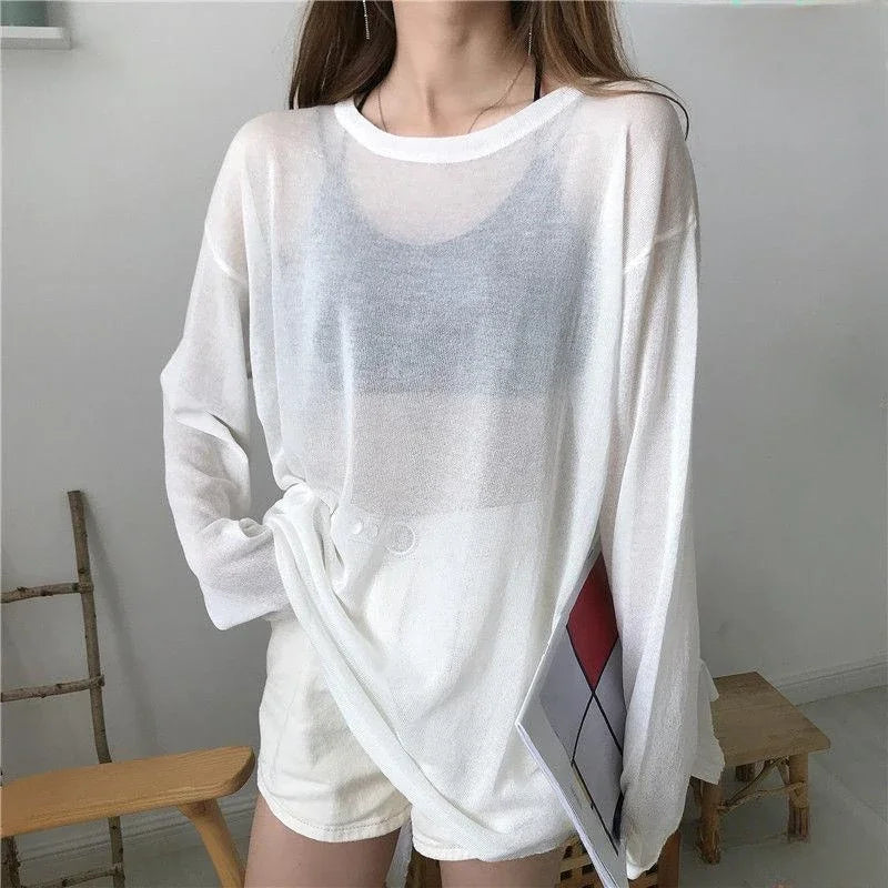Crew Neck Long Sleeve Loose Sheer Patchwork Tee