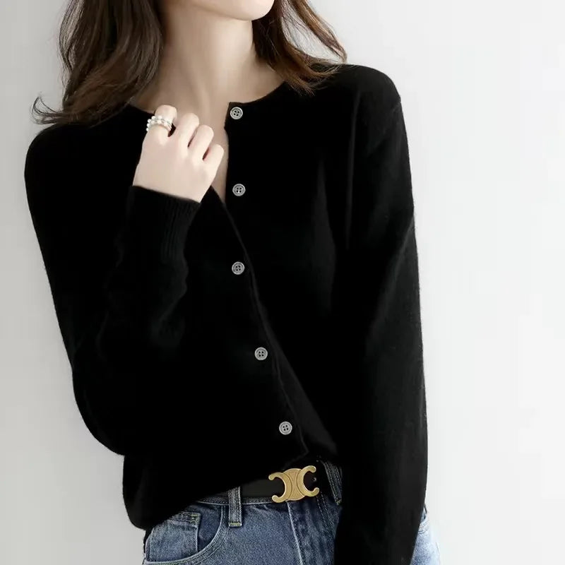 Women's Knitted Cardigan Sweater - O-Neck Button-Up Top