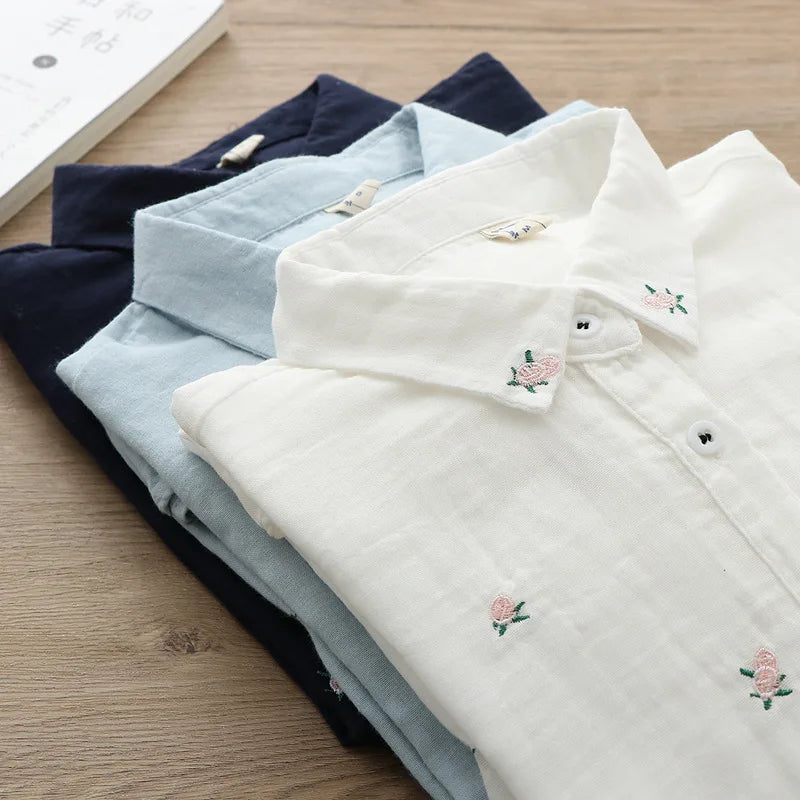 Women's Embroidered Cotton Shirt - Long Sleeve Floral Blouse
