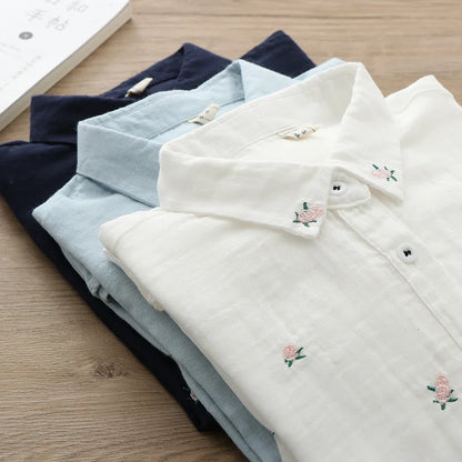 Women's Embroidered Cotton Shirt - Long Sleeve Floral Blouse