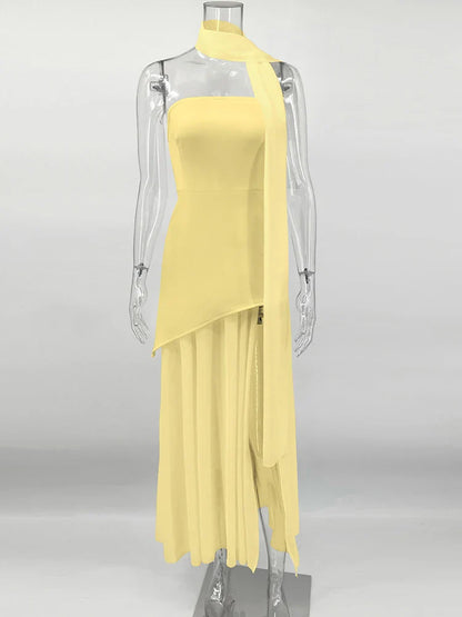 Strapless Mesh Maxi Dress Sleeveless Ribbon Patchwork Beach Vacation