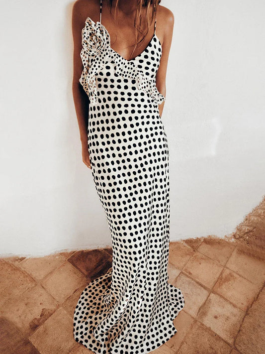 Floral Dot Print Spaghetti Strap Backless Maxi Dress