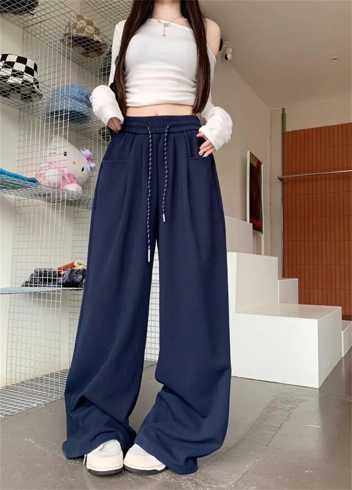 High Waist Straight Wide Leg Pants Loose Fit Pockets Elastic Waist