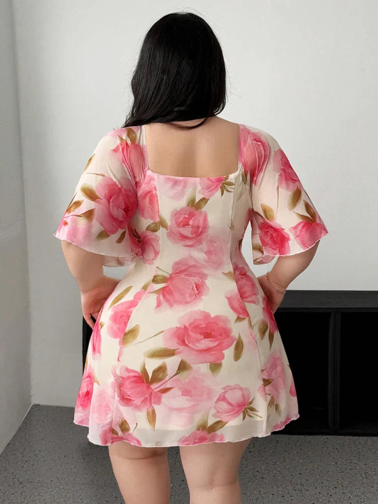 Short Ruffle Sleeve V-Neck Floral Print Waistband Loose Fit A-Line Knee-Length Dress Plus Size Office Lady