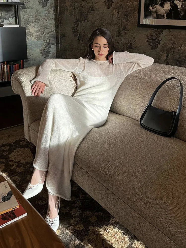 Knit Sweater Midi Dress Round Neck Long Sleeve Loose Hollow-Out