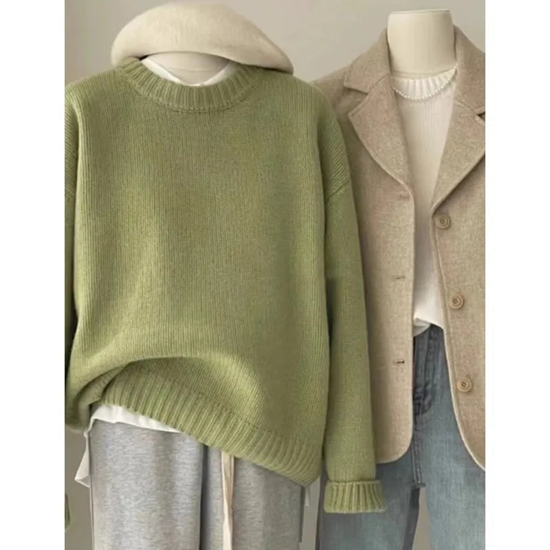 Round Neck Cashmere Sweater Long Sleeve Loose Fit Pullover