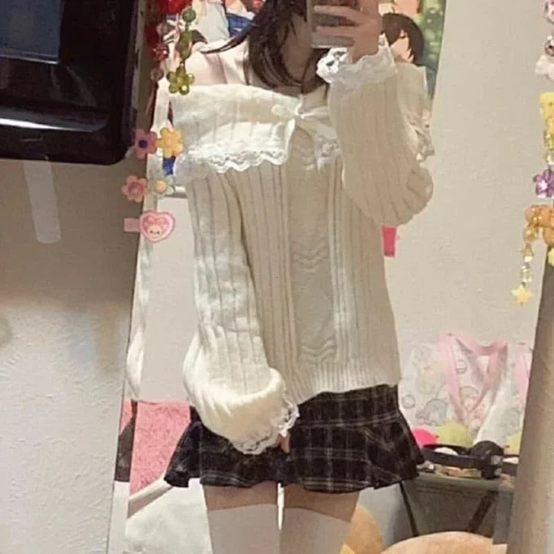 Women Off Shoulder Knit Sweater Pink Pullover Sweet Pullovers Long Sleeve Bow Lace Patchwork Jumpers Y2k Streetwear