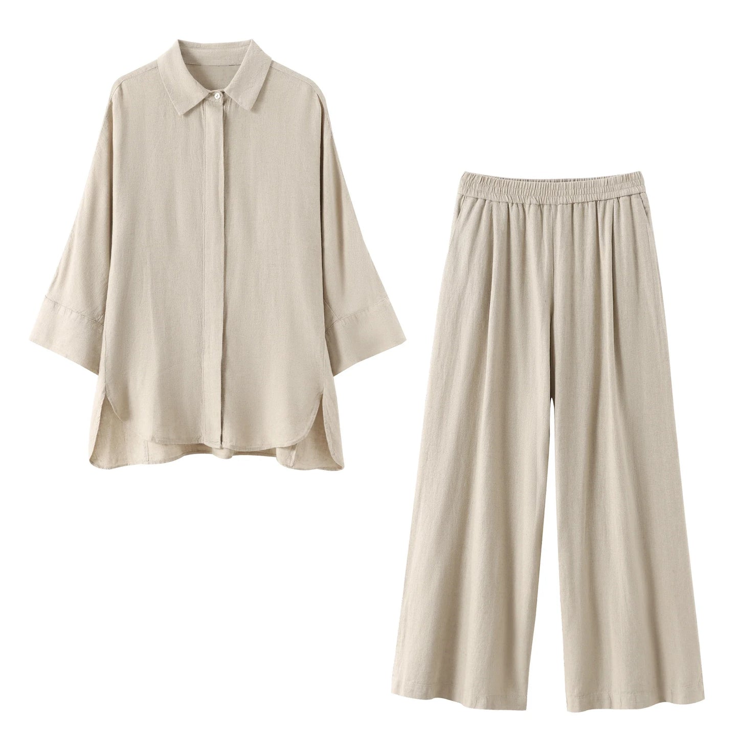 Turn-Down Collar Button Blouse & Wide Leg Pants Set