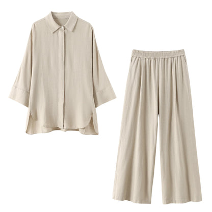 Turn-Down Collar Button Blouse & Wide Leg Pants Set
