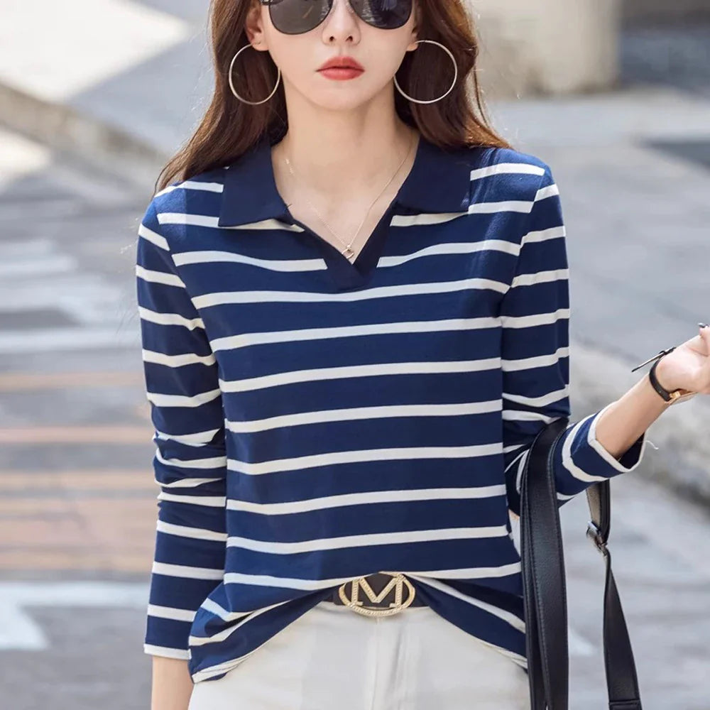 Women's Striped T-Shirt - Korean O-Neck Long Sleeve Patchwork Top