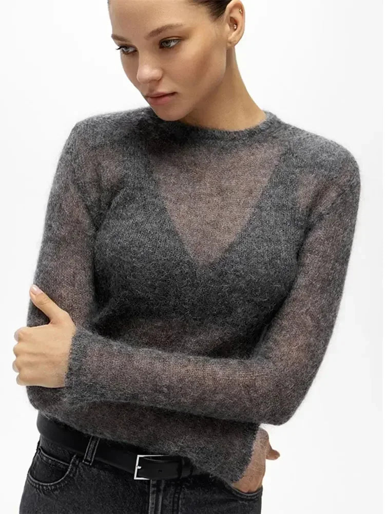 Round Neck Hollow-Out Knit Sweater Long Sleeve Loose Fit