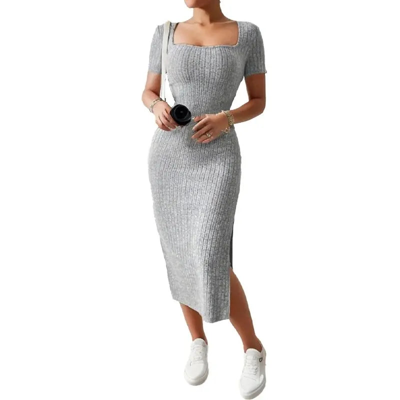 Square Neck Knitted Slit Dress Mid-Calf Sleeveless Hip-Hugging
