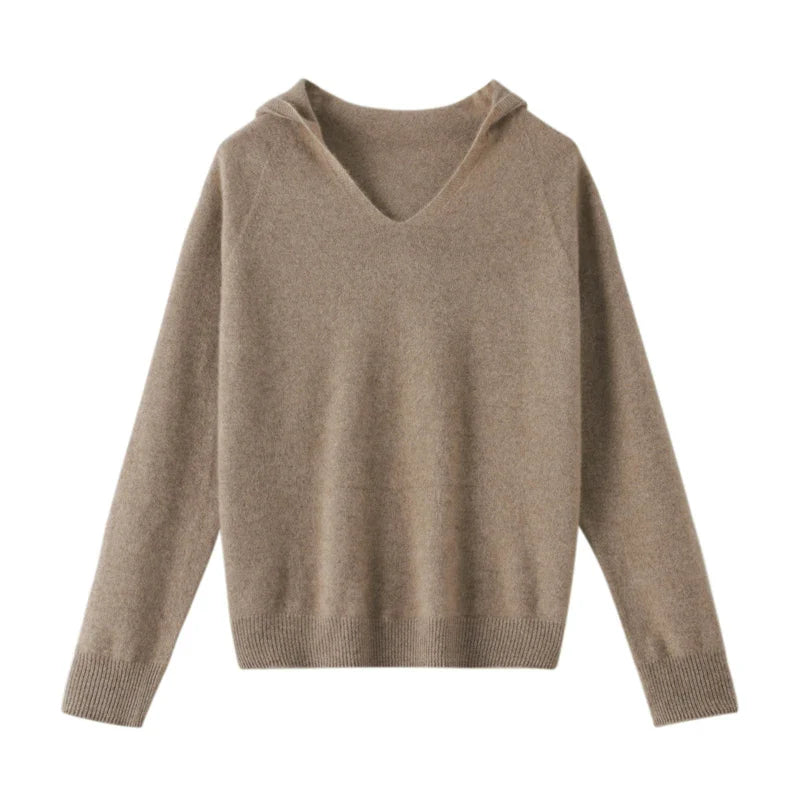 Hooded Merino Wool Sweater Long Sleeve Loose Fit Pullover