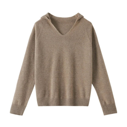 Hooded Merino Wool Sweater Long Sleeve Loose Fit Pullover