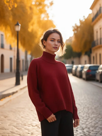 Mock Neck Knit Sweater Raglan Sleeve Loose Fit with Ruched Detail