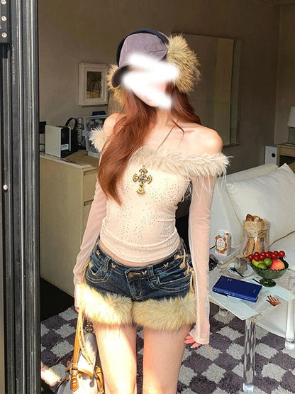 Y2K Denim Shorts Women Low Rise Fluffy Splicing Strap Slim Hot Pants