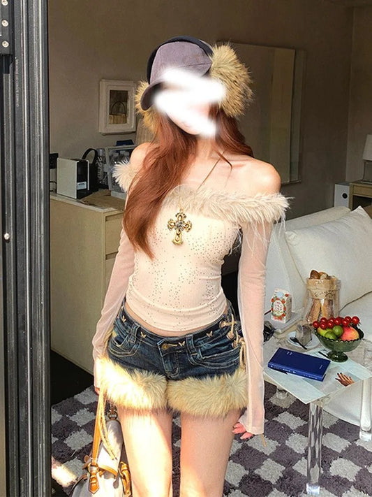 Y2K Denim Shorts Women Low Rise Fluffy Splicing Strap Slim Hot Pants