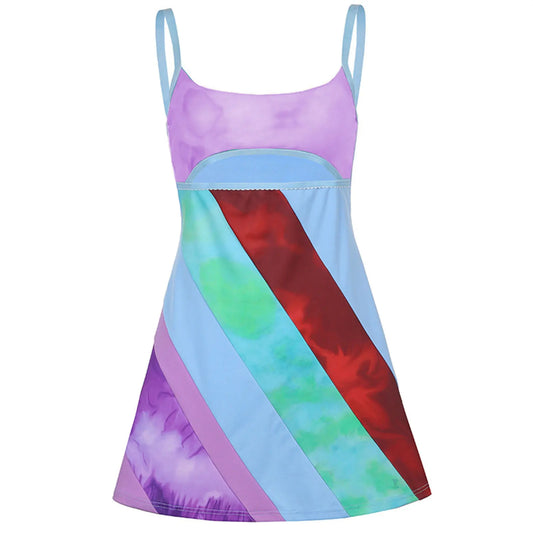 Women’s Casual Sweet Suspender A-line Dress Fashion Contrast Color U-neck Hollow Short Dress