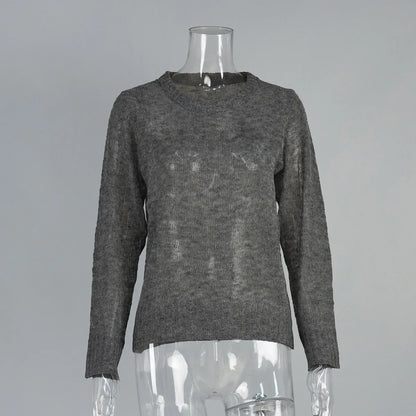 Round Neck Knit Sweater Long Sleeve Loose Fit Spliced Pullover