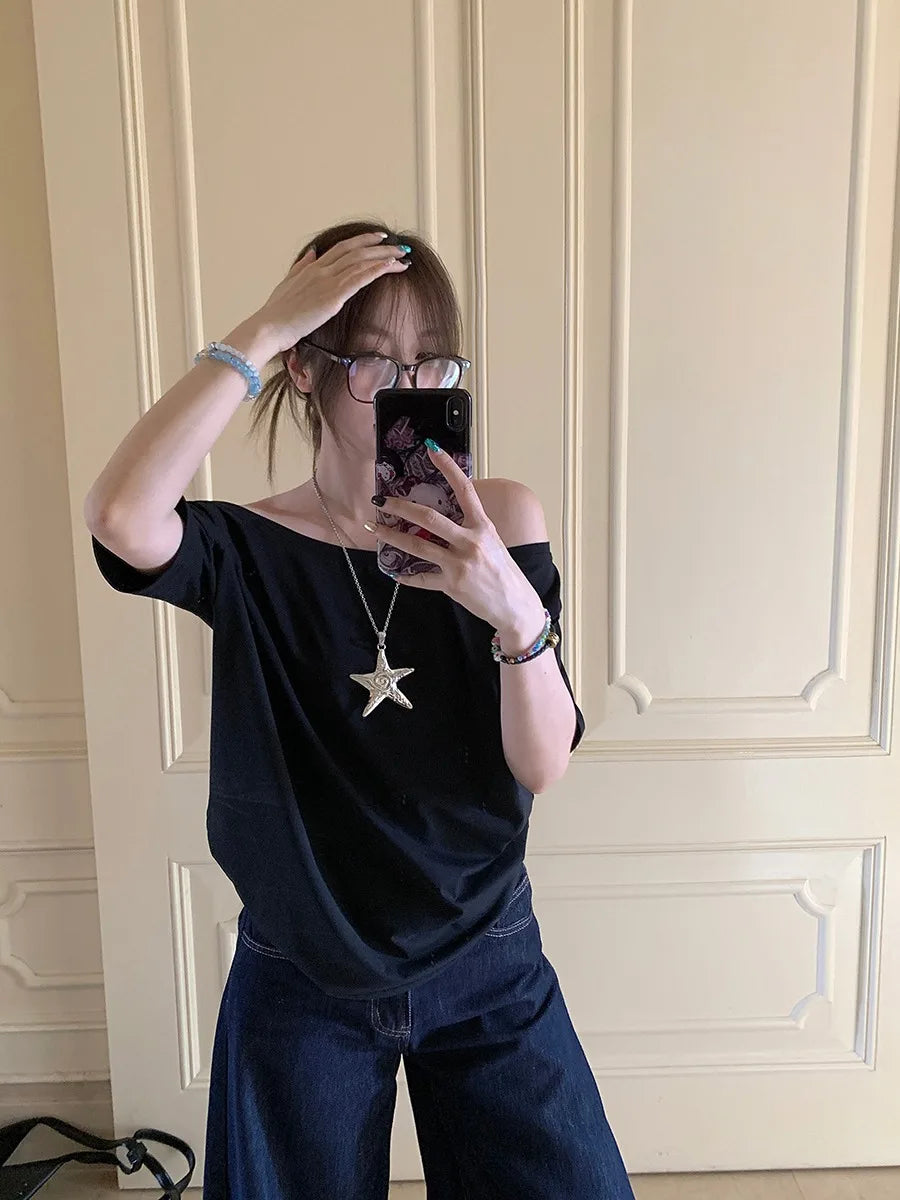 Women's Solid Color Skew Collar Short Sleeve T-Shirt