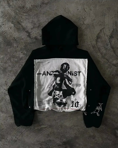 Fur Collar Zipper Hooded Sweatshirt Graphic Print Regular Fit