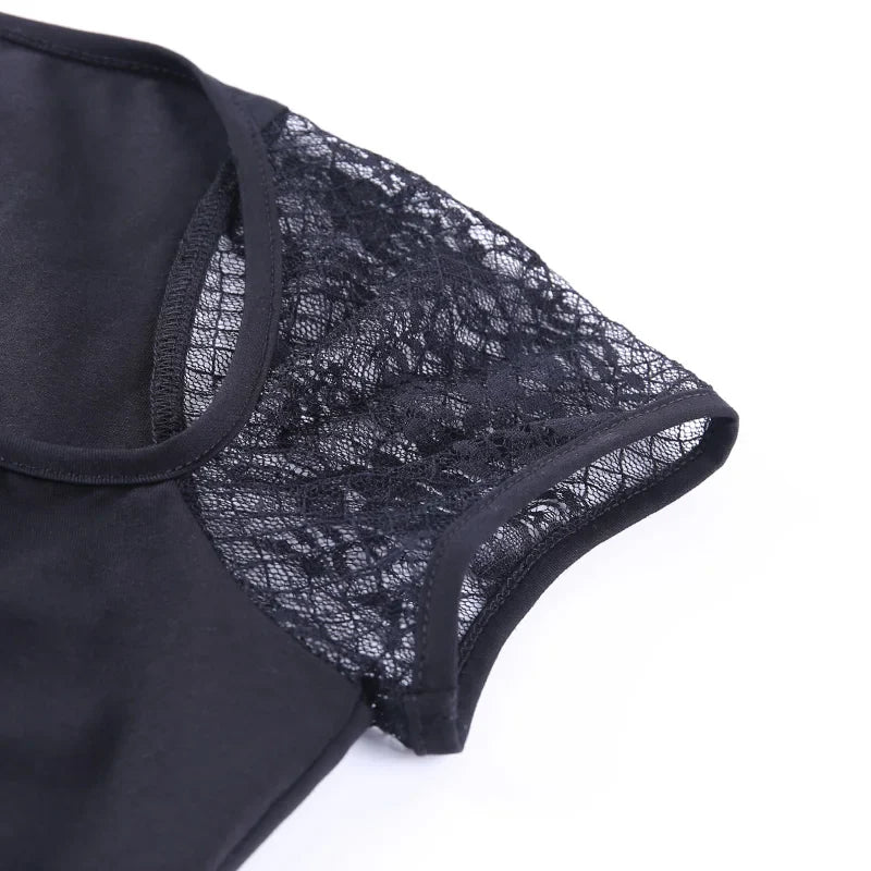 Gothic Lace Patchwork T-Shirt Women Turtleneck Short Sleeve Top