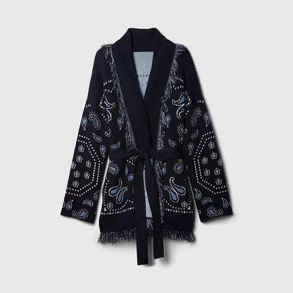 Women's Geometric Print Cardigan - Tassel Patchwork Knit Sweater