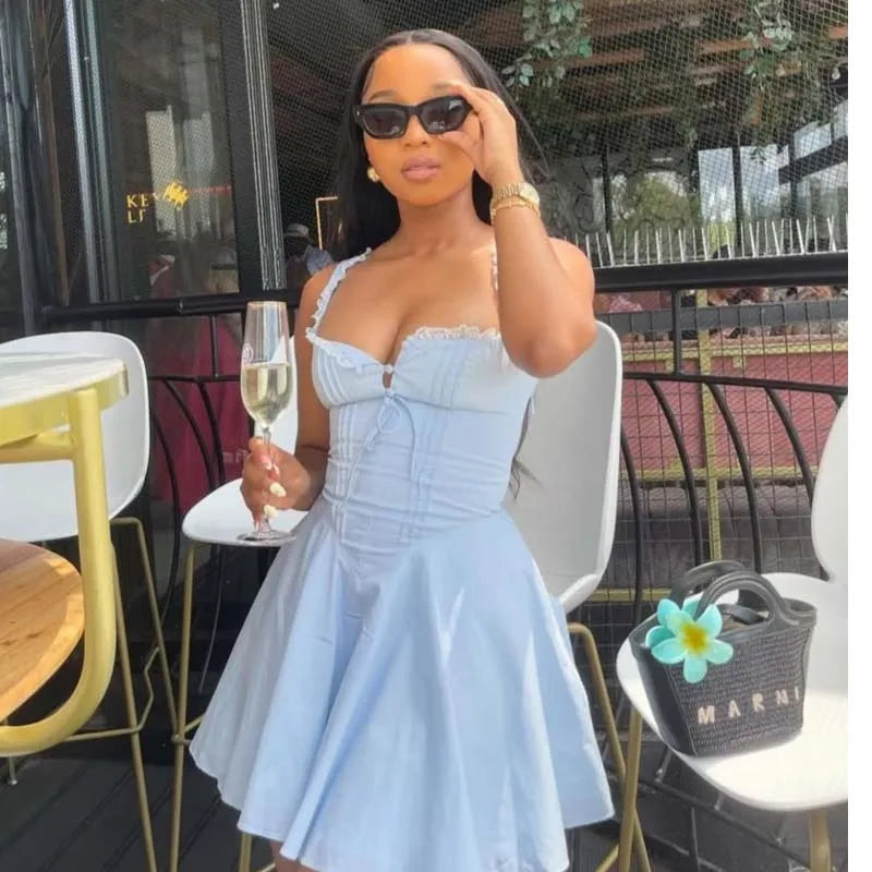 Lace Spaghetti Strap Low Waist Lace-Up Mini Dress
