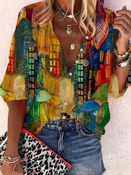 Women's Oil Painting Print Blouse