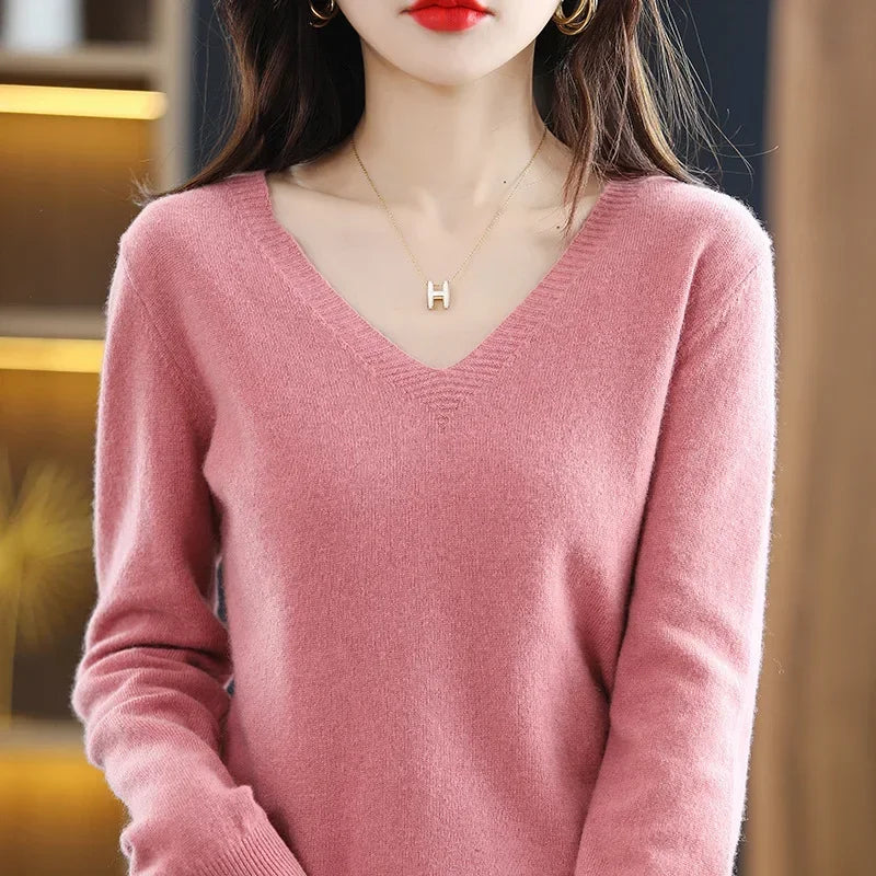 V-Neck Knit Sweater Long Sleeve Slim Fit Pullover