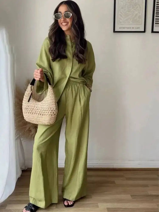 Turn-Down Collar Button Blouse & Wide Leg Pants Set