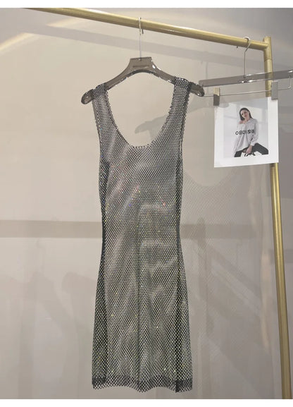 Sexy Sleeveless Skeleton Glitter Rhinestone Dress Mesh See Through Round Neck Midi Party Dress