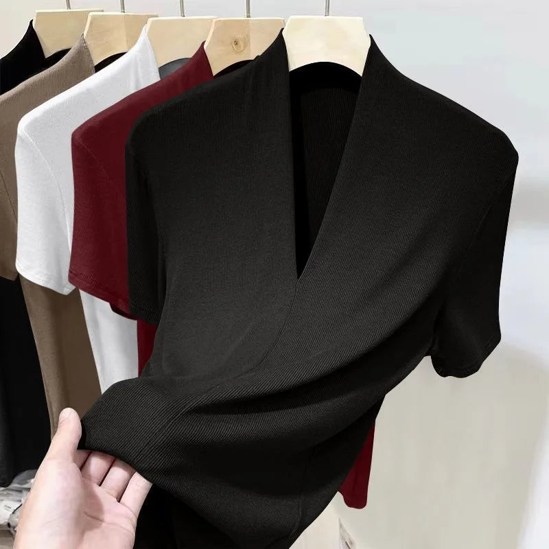 Ribbed V-Neck Short Sleeve Top | Slim Fit Plus Size Women's Summer Tee