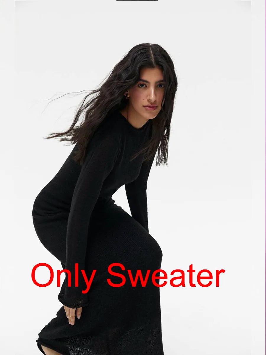 Knit Sweater Midi Dress Round Neck Long Sleeve Loose Hollow-Out
