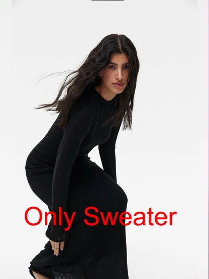 Knit Sweater Midi Dress Round Neck Long Sleeve Loose Hollow-Out