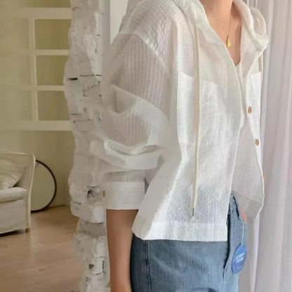 Striped Hooded Single-Breasted Long Sleeve Loose Shirt
