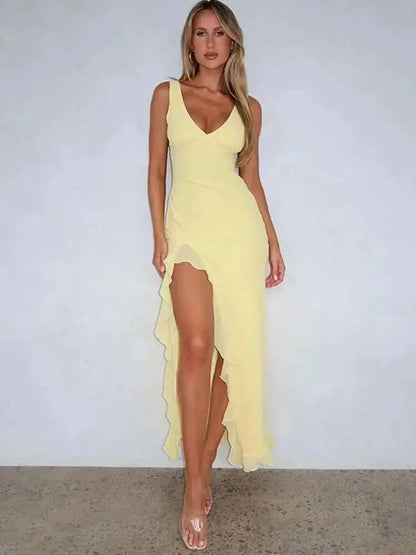 Ruffle Spaghetti Strap Backless High Split Midi Dress
